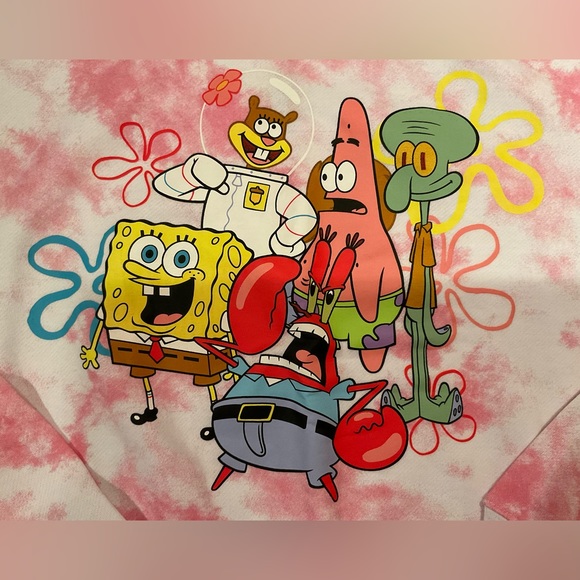 SpongeBob SquarePants Juniors Pink Cloud Tie-Dyed Cropped Sweatshirt Size Large - Picture 10 of 15